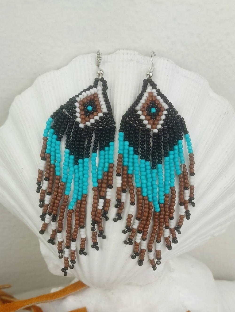 Turquoise, Brown, Black, & Cream Beaded Fringe Tribal Vibe Dangle Earrings